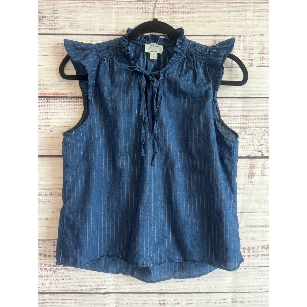 J. Crew Womens Denim Sleeveless Blue & Silver Pinstripe Ruffles Blouse Top Med